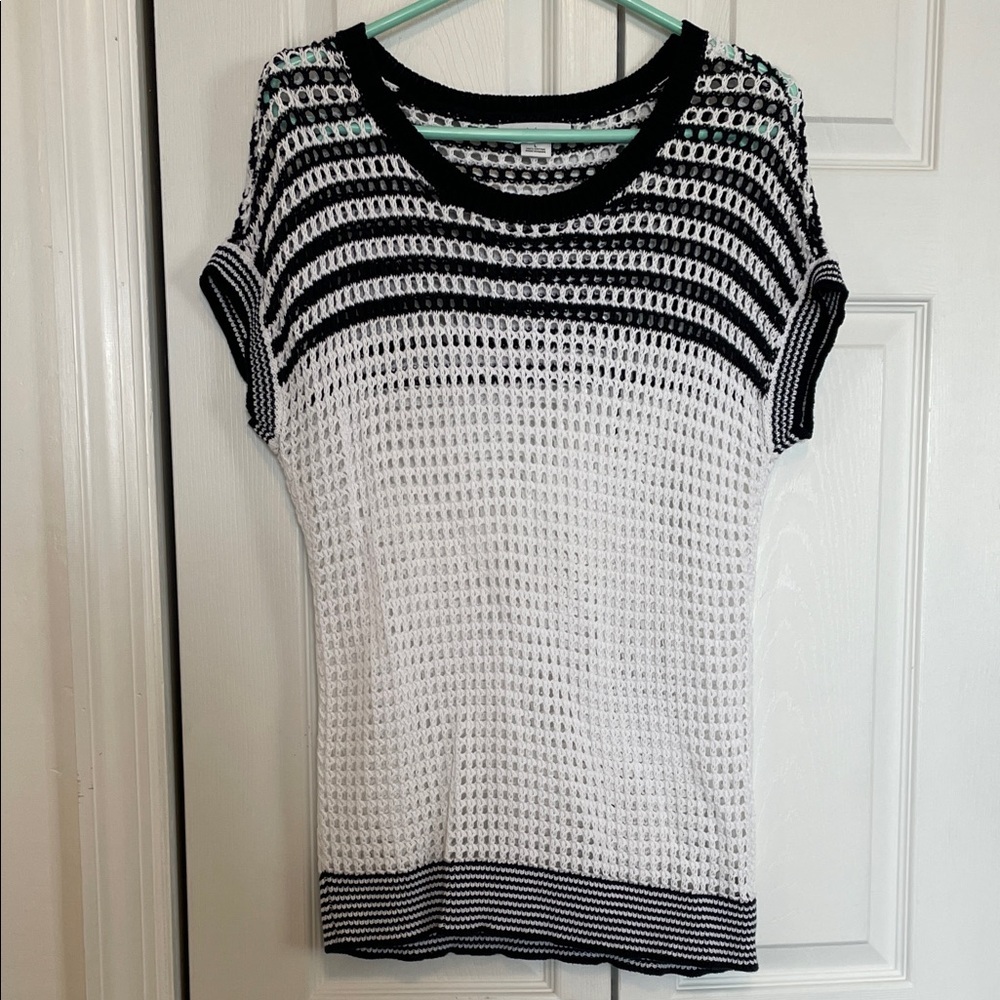 Liz Claiborne L Navy/White Open Knit Short Sleeve Tunic Sweater stripe